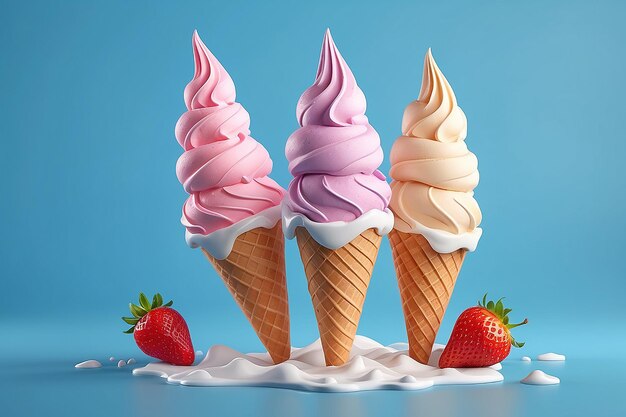El elemento suave sirve tres conos de helado de sabor aislados en fondo azul en ilustración 3D