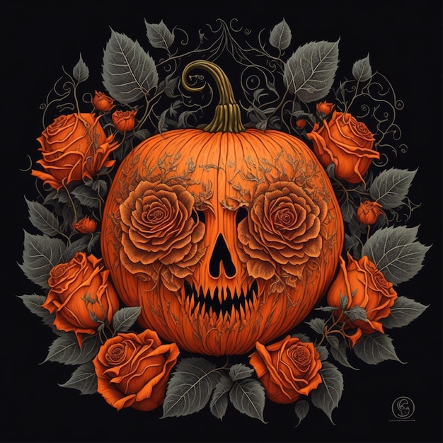 elementos bonitos de rosas laranja abóbora de halloween emanando folhas de amplificador com fundo preto