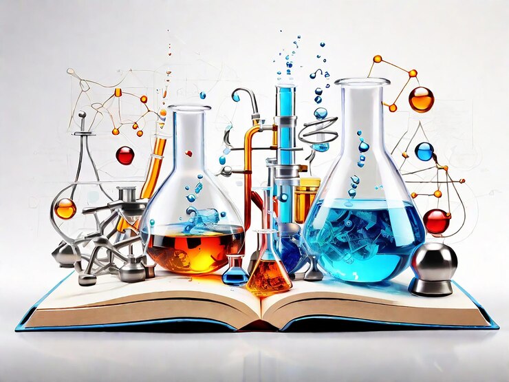 Elementos científicos con imagen de fondo del libro.