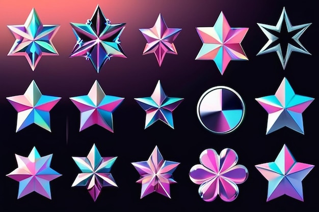 Elementos cromados do Y2K para desenhar estrelas, flores e outras formas geométricas simples