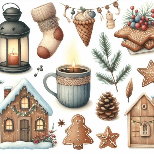 Elementos de aquarela inverno hygge clipart com biscoitos de cone guirlandas casas e luvas