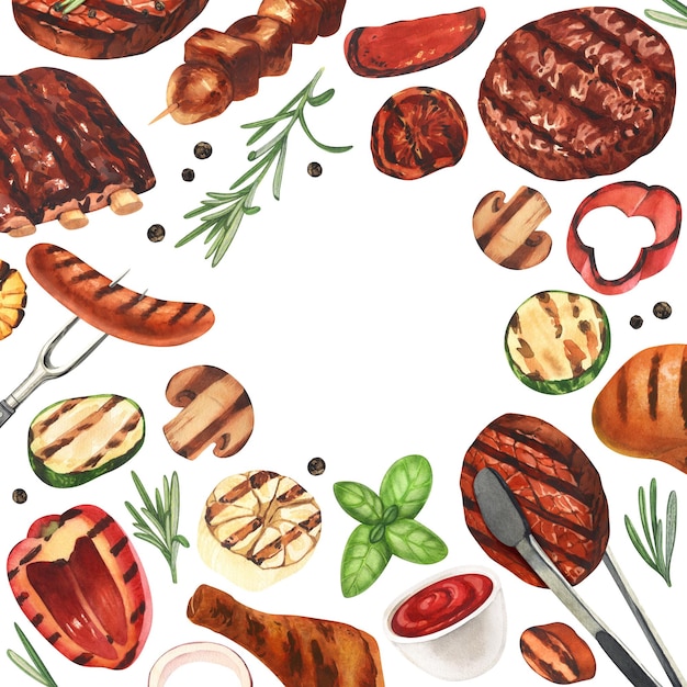 Elementos de churrasco de moldura aquarela para cozinhar frango e carne grelhada para churrasco