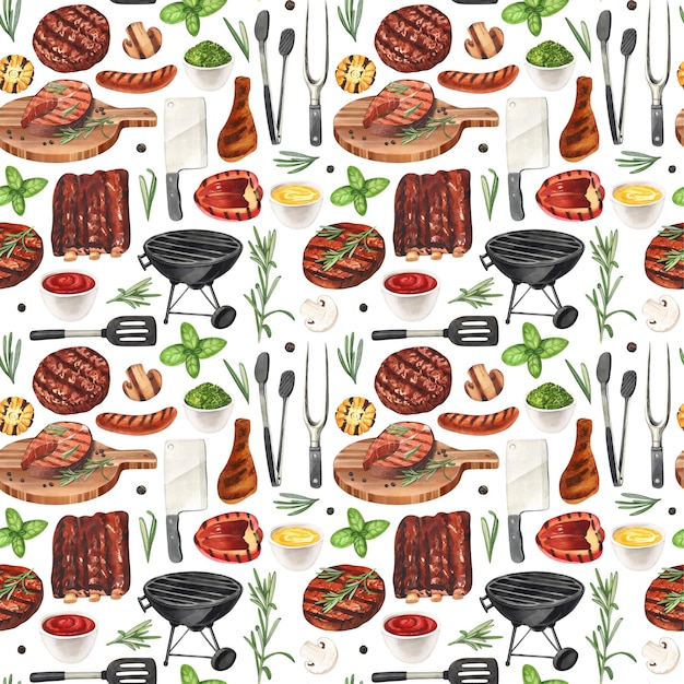 Elementos de churrasco de padrão sem costura em aquarela para cozinhar frango e carne grelhada para churrasco