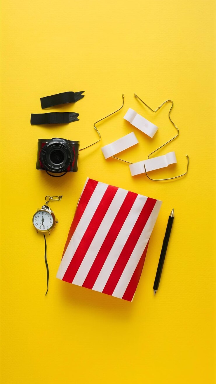 Foto elementos de cinema planos em fundo amarelo com espaço de cópia
