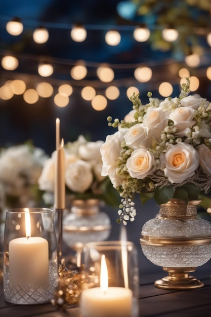 Elementos de decoração luxuosos com flores e velas para uma cerimônia de casamento noturna ao ar livre