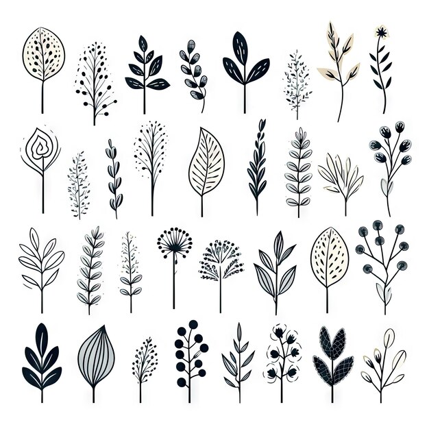 Elementos de design floral desenhados à mão isolados em fundo branco Plantas Doodle Herbário fictício