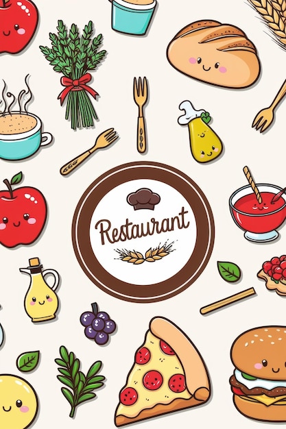 Elementos de fast food desenhados à mão e coleção de talheres