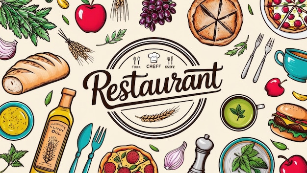 Elementos de fast food desenhados à mão e coleção de talheres
