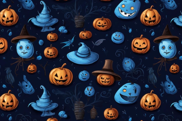 Elementos de fundo de Halloween abóbora vista superior fundo azul com espaço de cópia