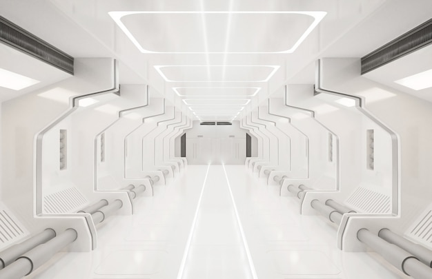 Elementos de renderização 3D da imagem fornecida, interior branco de nave espacial, túnel, corredor, corredor