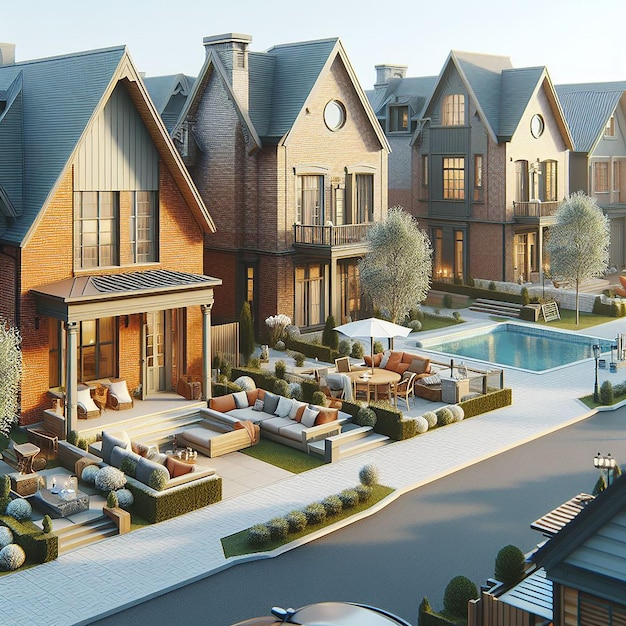Elementos de visualização arquitetônica imóveis suburbanos casas aconchegantes casas de tijolos