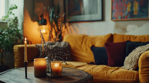Elementos de decoración modernos y acogedores en un espacio de vida elegante