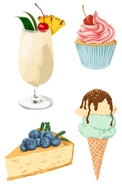 Elementos de diseño del conjunto de superposición de pegatinas de postre vectorializadas