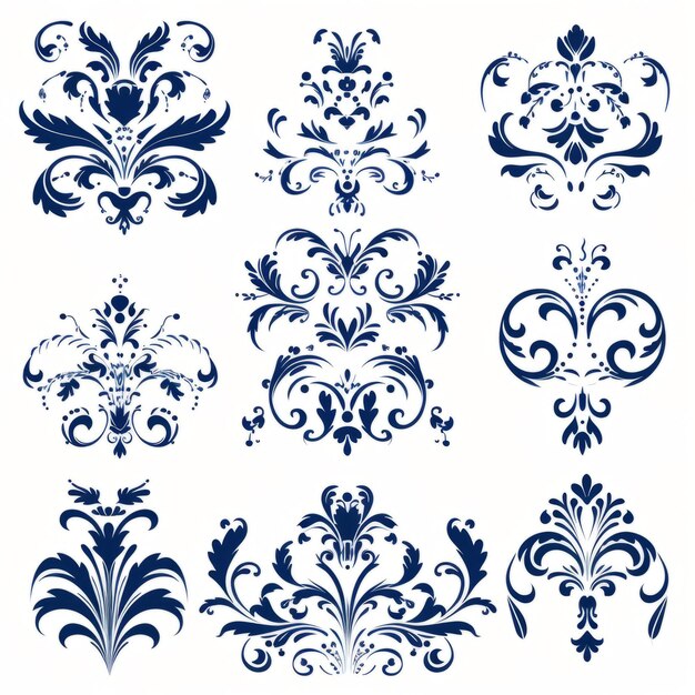 Elementos de diseño floral azul Exageración barroca con motivos inspirados en la naturaleza