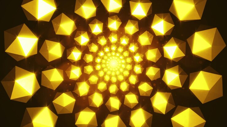 Foto elementos dourados cintilantes formam um túnel renderizado em 3d