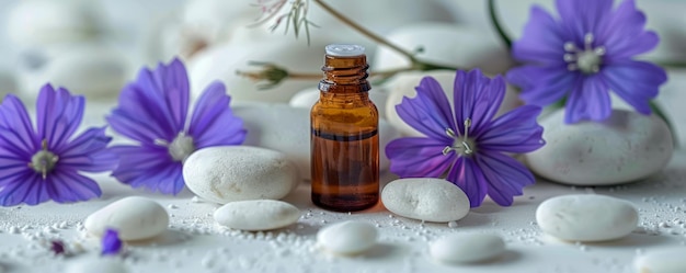 Elementos esenciales de la aromaterapia con flores púrpuras y piedras blancas
