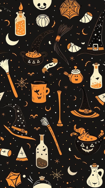 Los elementos esenciales de las brujas Patrón de Halloween de brujas Conjunto de artículos de brujería Colección de magia de brujas
