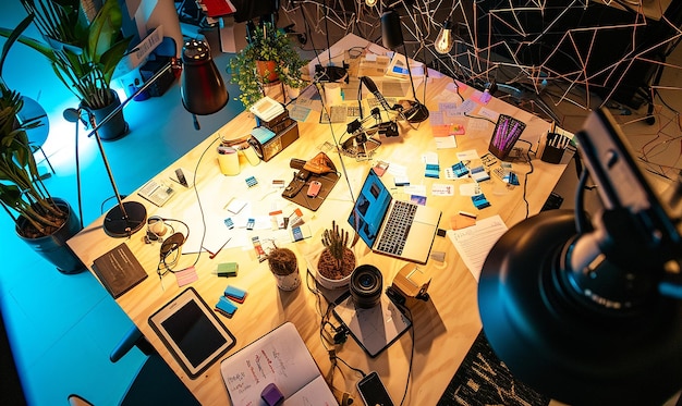 Elementos esenciales del escritorio de creatividad para el trabajo en equipo
