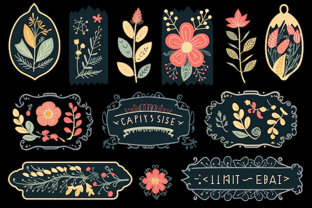 Los elementos de la etiqueta floral popular de Boho Blooms Chalkboard