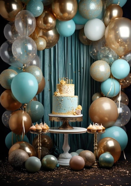 Elementos para la fiesta de cumpleaños y la celebración de los colores dorados de la torta Ai generativo