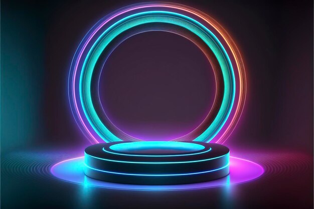 Elementos futuristas do círculo de cores Neon do portal e do holograma. pódio padrão