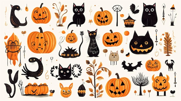 Elementos gráficos de Halloween de fantasmas de abóboras e zumbis