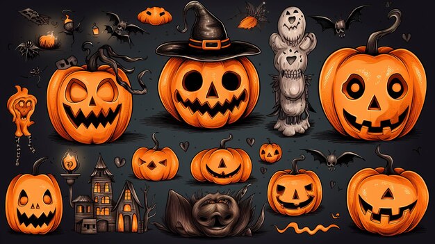 Elementos gráficos de Halloween de fantasmas de calabazas y zombis