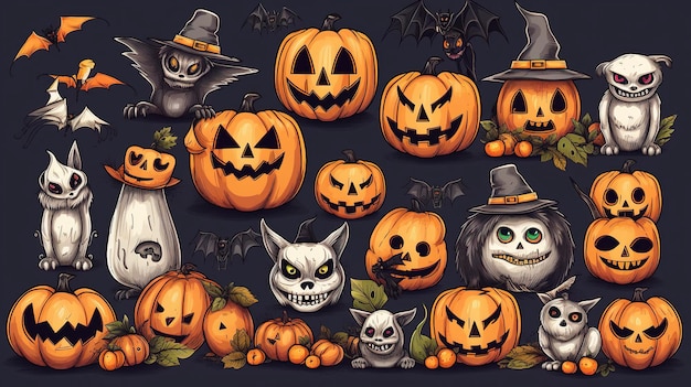 Elementos gráficos de Halloween de fantasmas de calabazas y zombis