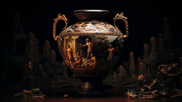 Foto elementos griegos antiguos de la tierra, el agua, el aire y el fuego detallados en la ánfora