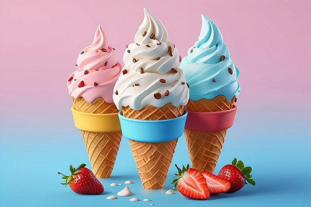 Foto elementos macios servem três cones de sorvete de sabor isolados em fundo azul em ilustração 3d