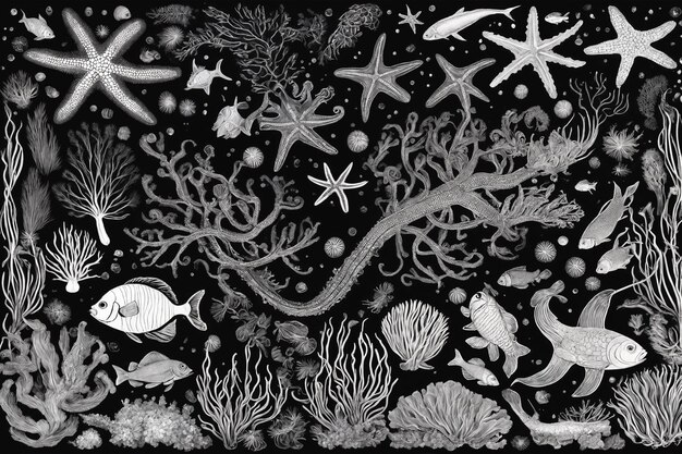 Elementos naturales subacuáticos dibujados a mano Esbozo de corales de arrecife y peces nadadores