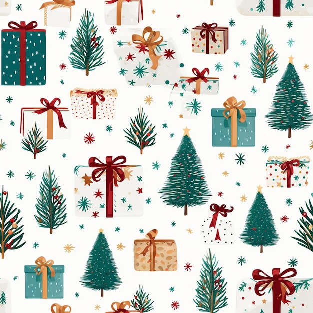 Elementos de Navidad caja de regalos calcetín cinta de pino toffy en fondo blanco sin costuras generativo ai