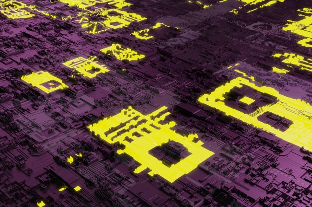 Elementos Neonglow en el fondo del chip del sistema de la placa base con una placa de circuito futurista