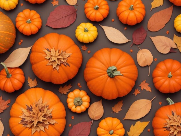 Elementos otoñales con calabazas y hojas generados por IA.