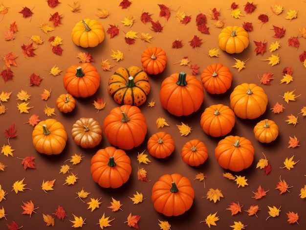 Elementos otoñales con calabazas y hojas generados por IA.