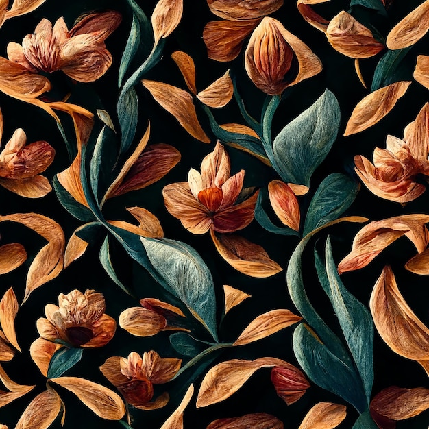 Elementos de patrones florales sin costuras de ramas de flores de rubor de hojas sobre un fondo negro oscuro