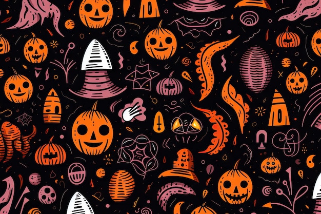 Foto los elementos de primer plano del patrón de doodle de halloween