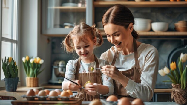 elementos realistas foto ultra realista madre e hija pintando huevos familia feliz
