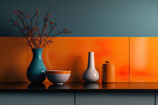 Elementos retrô laranja-azul de design de cozinha