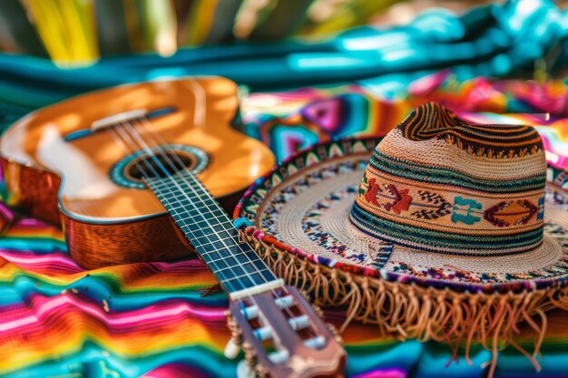 Foto elementos tradicionais mexicanos coloridos como guitarra sombrero e coloridos estão em uma mesa em uma rua