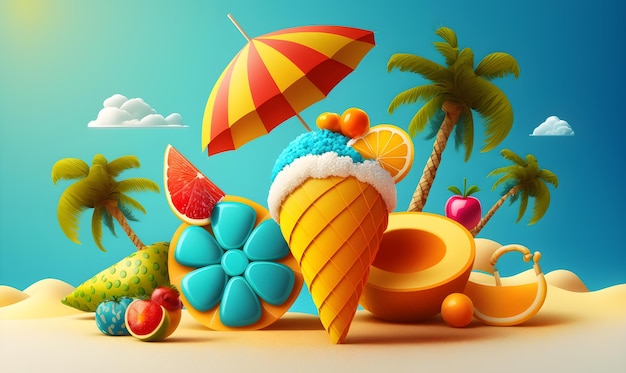 Elementos de vacaciones tropicales de fondo de playa de vacaciones festivas de verano realista Ai generativo