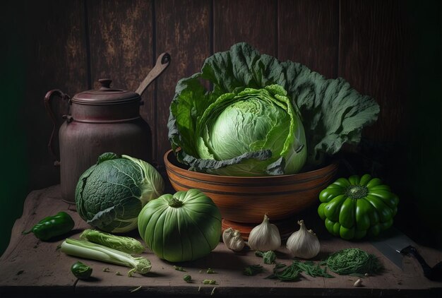 Elementos verdes para preparar una cena vegetariana en la mesa como repollo y pimienta