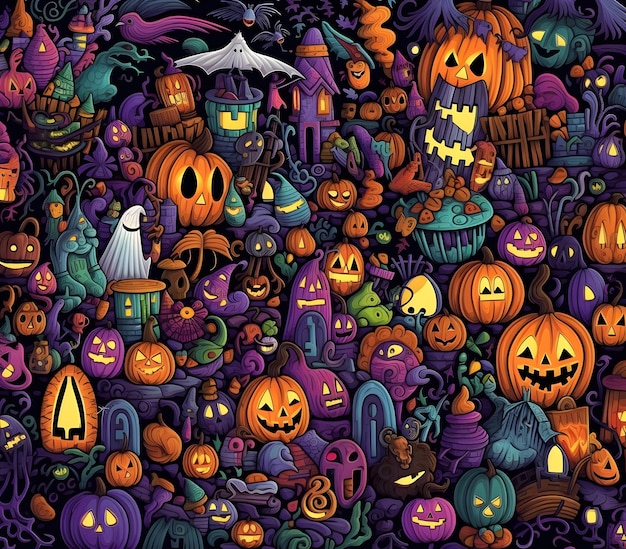 Elementos vibrantes de Halloween Doodle Art Background Ai generado