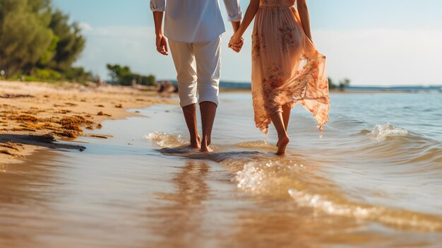 Foto eles estão andando pela praia de mãos dadas.