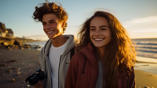 Eles estão na praia e sorrindo para a câmera.