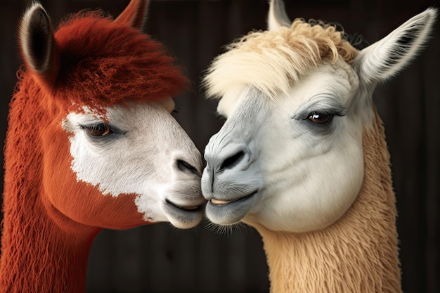 Eles se beijam como uma alpaca e uma lhama Close de um animal exótico vermelho e branco Focinho de um animal Natureza