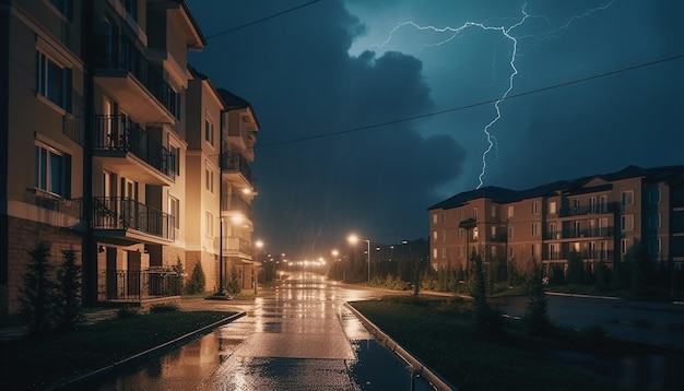 Eletricidade ilumina o horizonte da cidade moderna em noite chuvosa de trovoada gerada por inteligência artificial