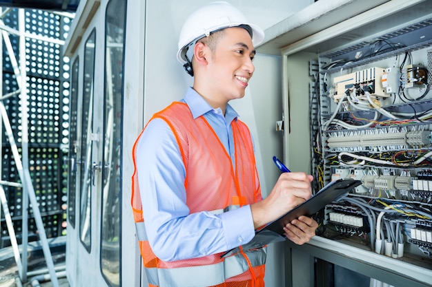 Eletricista asiático no painel no canteiro de obras