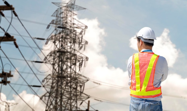 Eletricista assistindo a torre de energia na subestação de eletricidade com fundo de céu de nuvens