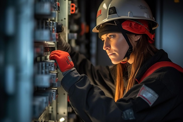 Eletricista comercial trabalhando em uma caixa de fusíveis adornada com equipamentos de segurança